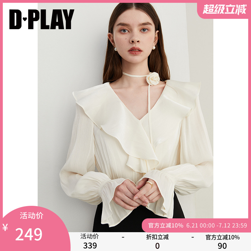 DPLAY2025春季新款法式白色衬衫女V领花朵雪纺衫气质上衣长袖