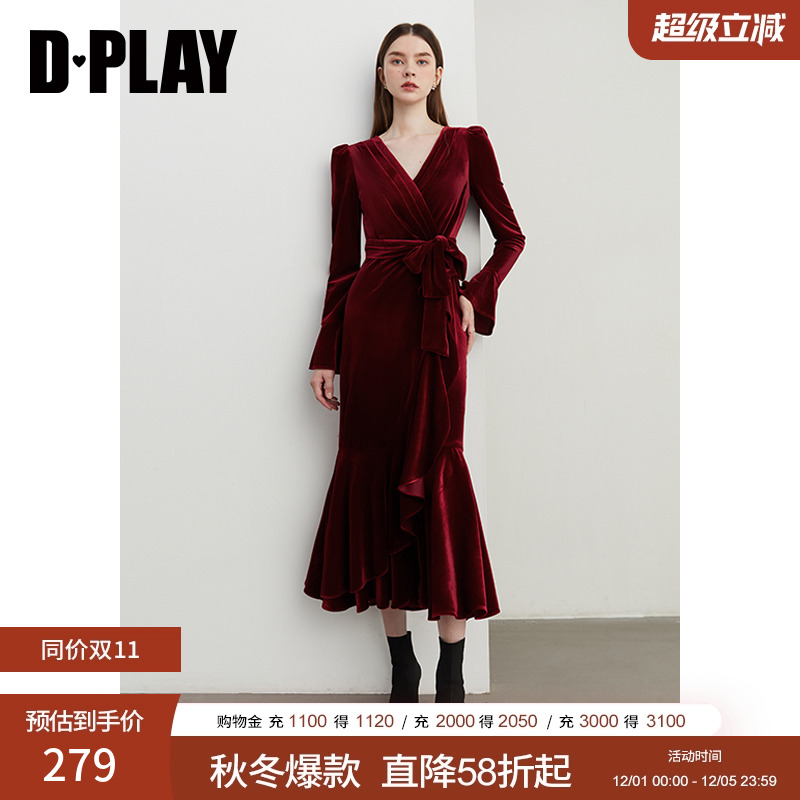 DPLAY法式鱼尾裙丝绒红色连衣裙