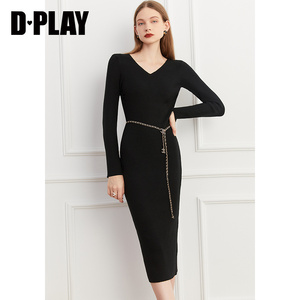 DPLAY【惠品】秋装季新品通勤ol经典黑色V领修身螺纹针织连衣裙