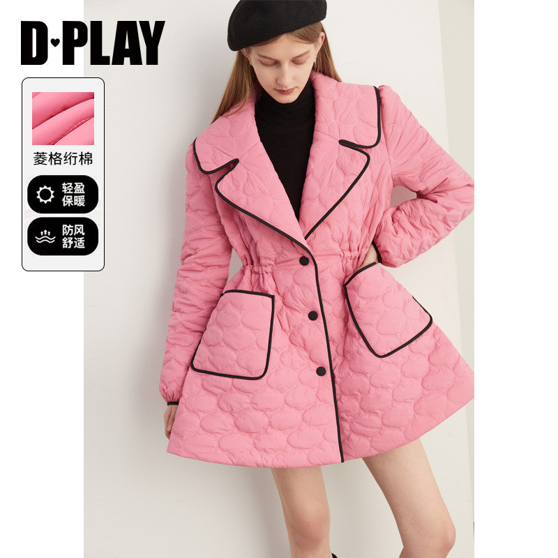 DPLAY冬富家千金泡泡糖粉翻领宽松A字大摆绗棉加厚棉服外套