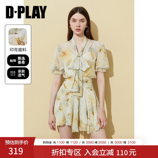 DPLAY夏季新款黄色雪纺连衣裙女短款流行收腰裙子短裙短袖