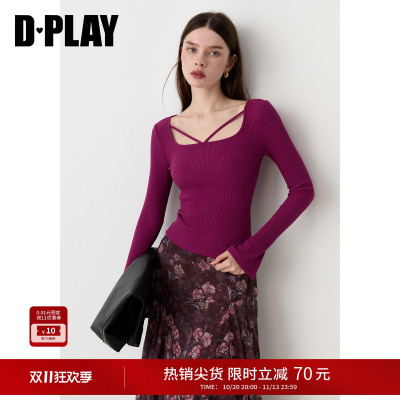 DPLAY紫色交叉绑带方领长袖上衣修身短款显瘦小衫内搭2026秋季