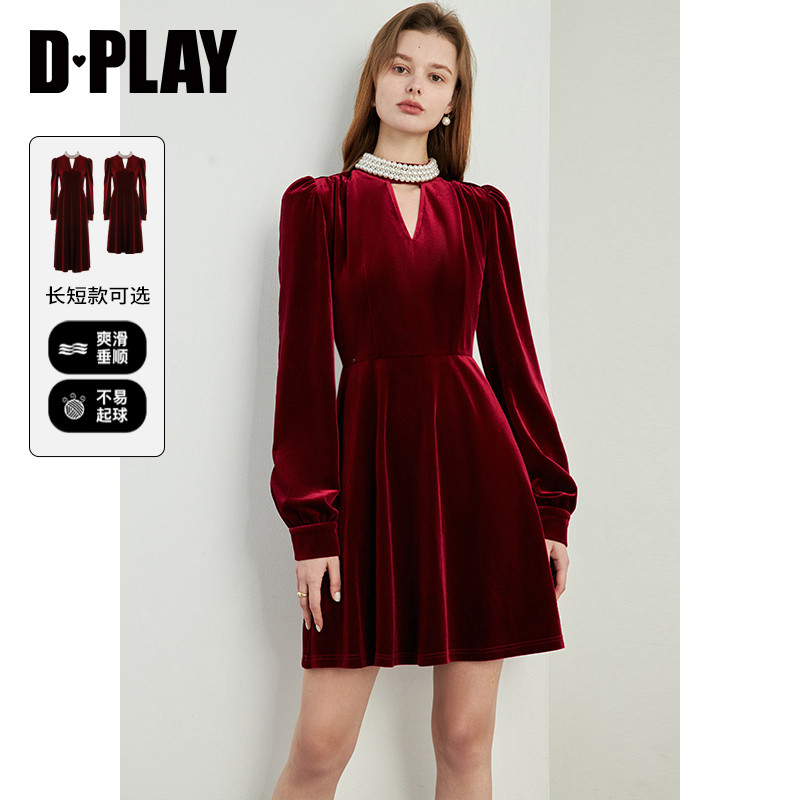 DPLAY秋季新款红色连衣裙女法式丝绒裙子气质短款订婚礼服裙
