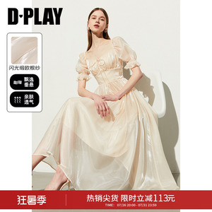 DPLAY【惠品】法式方领连衣裙女蝴蝶结公主裙沙滩裙2026夏季