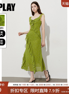 DPLAY2025年夏季新款绿色印花飞飞袖长裙V领荷叶边露背连衣裙女