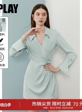 DPLAY2026春季新款气质蓝色连衣裙女收腰缎面衬衫裙长袖裙子短裙