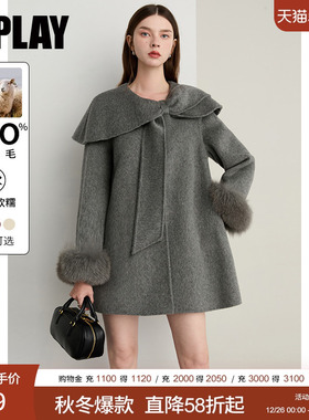 DPLAY2025年冬季新款灰色外套女短款100羊毛气质高级双面呢子大衣