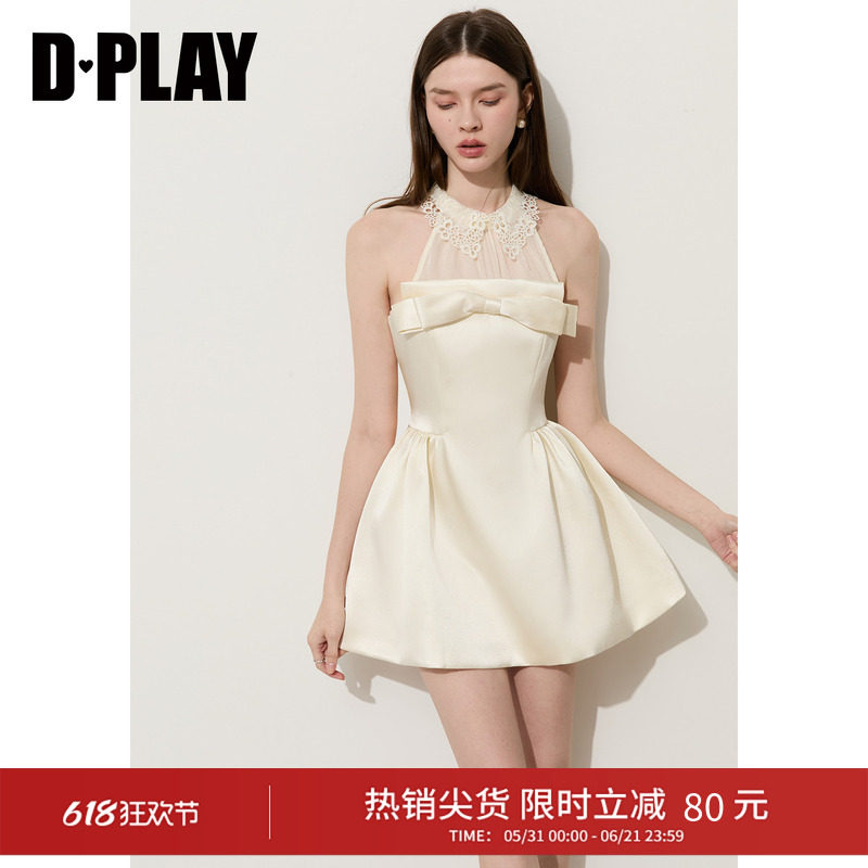 DPLAY【千金衣橱系列】白色蕾丝蝴蝶结闪光纱连衣裙2026夏季新款