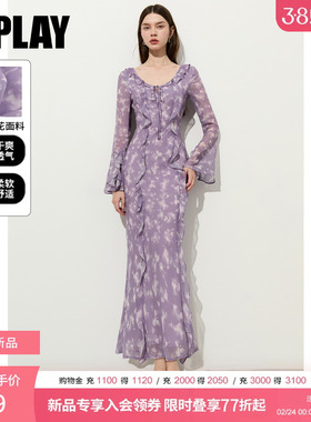 DPLAY紫色印花连衣裙2026年春季新款荷叶边系带收腰长袖长裙女