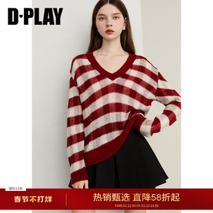 DPLAY2025秋季新款红色条纹V领宽松毛衣女流行针织长袖上衣
