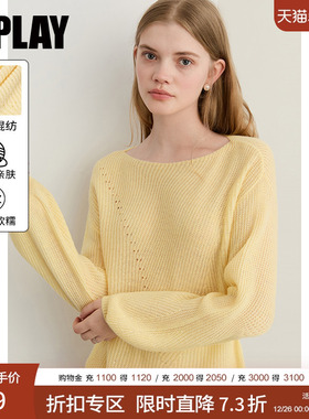 DPLAY2025年秋季新款黄色针织衫女含莱赛尔羊绒羊毛宽松长袖上衣