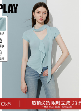 DPLAY秋季新款蓝色上衣女法式独特修身短袖针织衫背心t恤