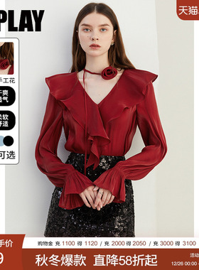 DPLAY2025年秋季新款红色衬衫女时尚气质法式雪纺衫上衣长袖衬衣