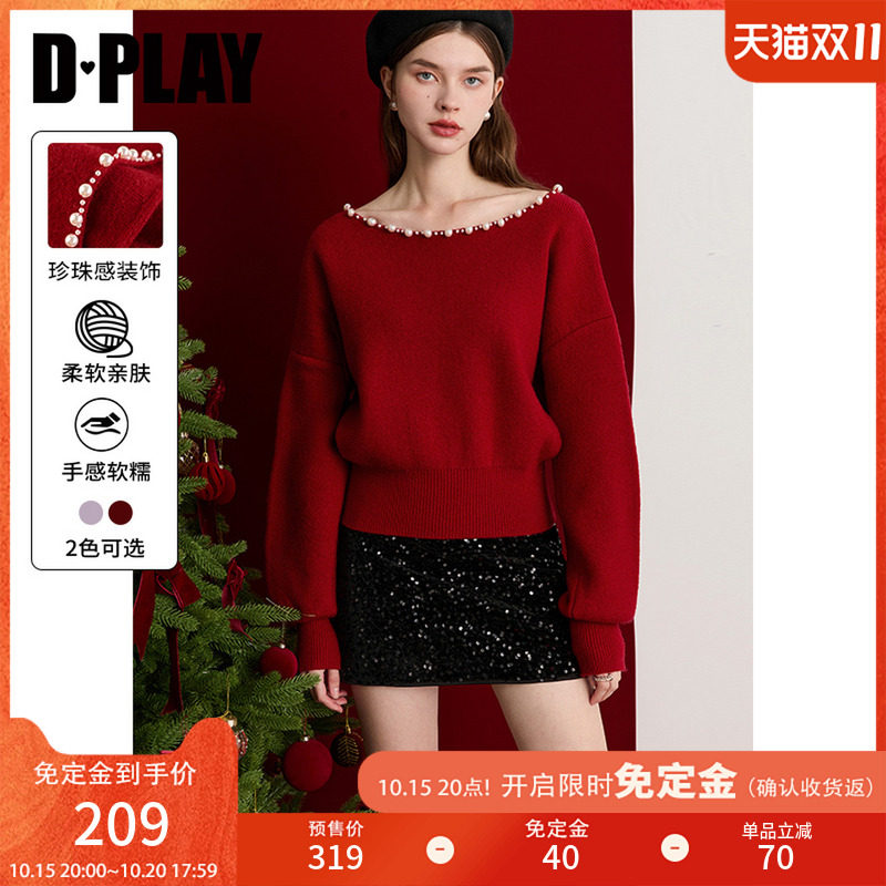 DPLAY【鸿运针织】新款红色一字领毛衣女好看上衣2026冬季