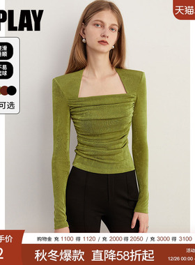 DPLAY2025年秋季新款法式气质绿色上衣直角肩女修身t恤小衫