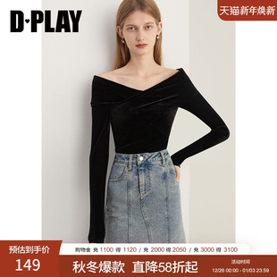 露肩上衣女 打底衫 DPLAY2025秋季 气质通勤黑色交叉V领一字肩修身