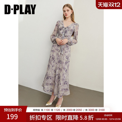 DPLAY2025秋季新款紫色连衣裙女蝴蝶结系带设计雪纺裙子印花长裙