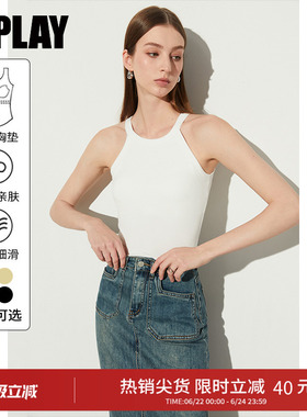 DPLAY夏季白色无袖挂脖吊带一体式胸垫高弹打底吊带女