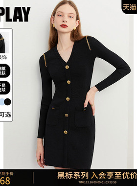 DPLAY【黑标】冬季新款黑色针织连衣裙优雅修身金属纽扣链条短裙