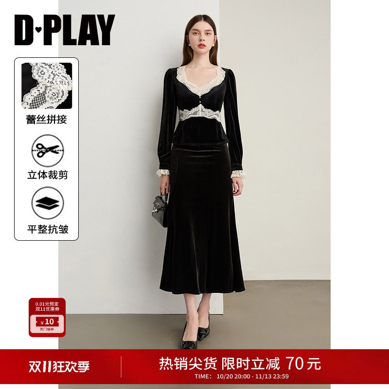 DPLAY秋季新款黑色衬衫女高级蕾丝拼接丝绒衬衫休闲衣服上衣