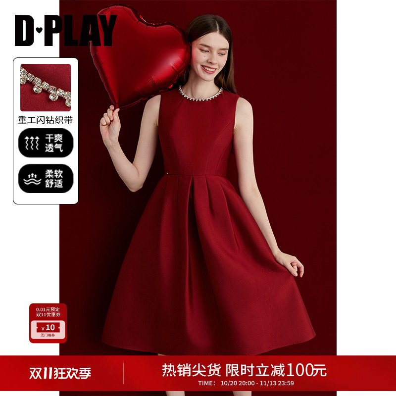 DPLAY【红裙礼服】红色无袖连衣裙气质订婚敬酒服宴会礼服裙子