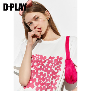 DPLAY德帕拉2022夏季新款ins风白底粉印花短袖上衣女休闲宽松T恤
