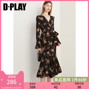 DPLAY2024春日碎花裙黑色碎花连衣裙茶歇法式 连衣裙V领印花长裙女