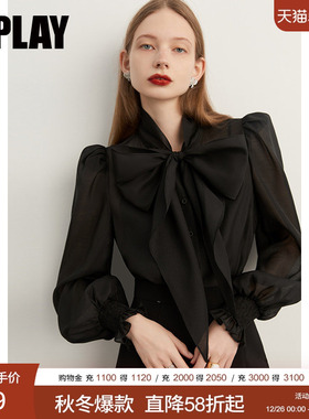 DPLAY2025秋季气质通勤黑色泡泡袖长袖蝴蝶结衬衫上衣黑女衬衣