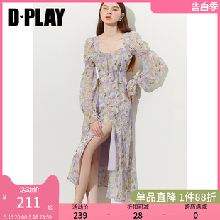 DPLAY2024年夏紫色连衣裙海边度假裙雪纺连衣裙法式 碎花裙长裙女