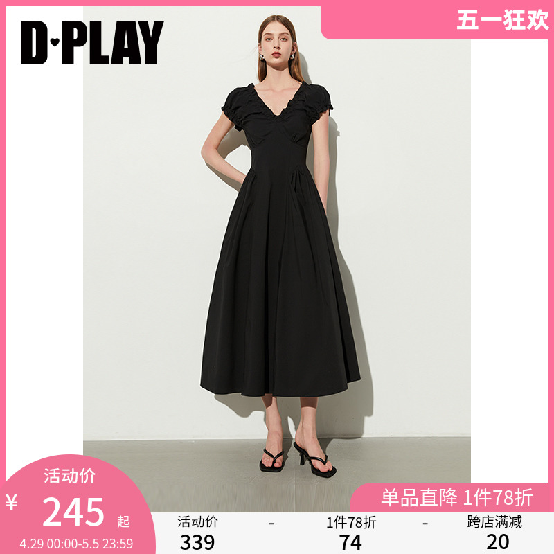 DPLAY2024夏季新款黑色法式V领芭蕾舞气质短袖连衣裙微胖小黑裙女