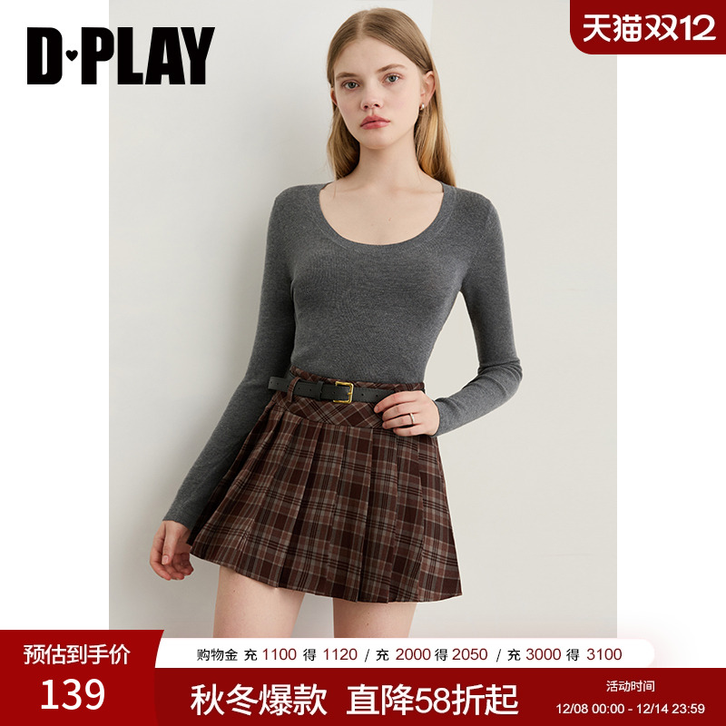 DPLAY2025年秋季新款灰色针织衫女时尚优雅上衣修身正肩打底衫