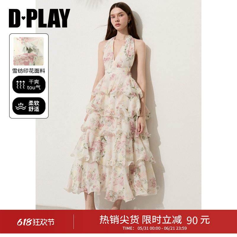 DPLAY粉色印花露背蝴蝶结荷叶边连衣裙度假风2026夏季新款女裙子