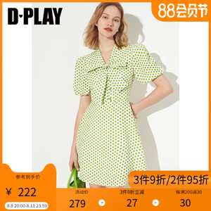 DPLAY2022年夏新款ins风果绿色波点领口蝴蝶结系带高腰连衣裙