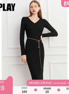 DPLAY【惠品】秋装季新品通勤ol经典黑色V领修身螺纹针织连衣裙