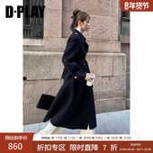 藏青色大衣女100羊毛长款 DPLAY年冬季 新款 双面呢子毛呢外套