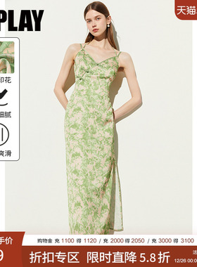 DPLAY夏季绿色连衣裙女印花吊带国风裙子垂坠感缎面沙滩裙