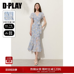 DPLAY【法式茶歇系列】蓝色V领收腰鱼尾荷叶边连衣裙2026夏季