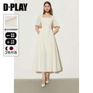 DPLAY夏气质法式复古方领杏色拼接鎏光纱泡泡短袖大摆连衣裙