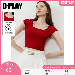 上衣短袖 DPLAY2025年夏季 修身 新款 红色t恤女独特方领含胸垫短款