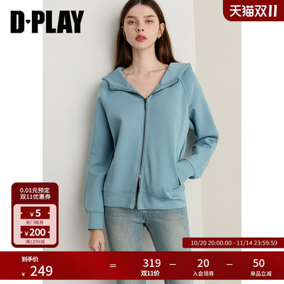 DPLAY2025年秋季新款蓝色运动风连帽卫衣宽松休闲开衫短款外套女