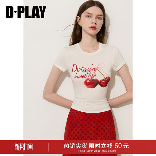 DPLAY轻薄凉爽莱赛尔白色T恤女樱桃印花修身少女T恤2026年夏季