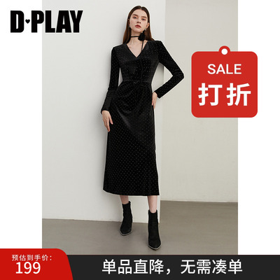 DPLAY法式连衣裙长袖丝绒裙