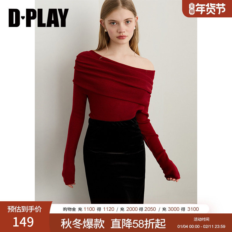 DPLAY2025年秋季新款红色针织衫女含羊毛一字肩露肩设计长袖上衣,女装/女士精品,毛针织衫,淘宝优惠券,粉丝福利购,淘宝优惠卷