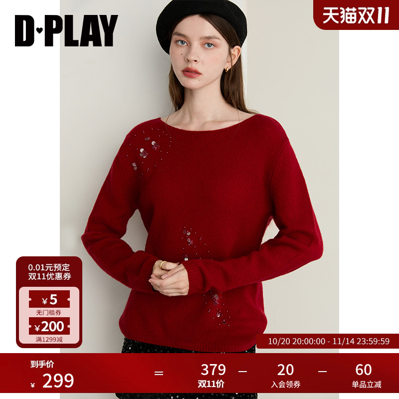 DPLAY2025年冬季新款红色针织衫女100羊毛独特宽松小衫上衣