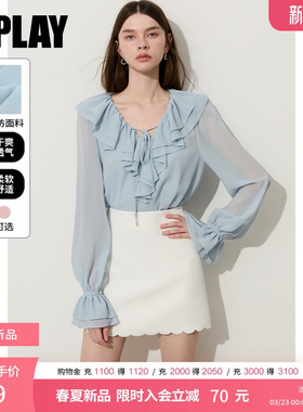 DPLAY蓝色长袖法式双层荷叶边雪纺衬衫甜美气质上衣2026年春季