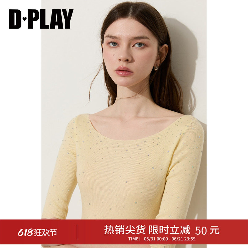 DPLAY黄色修身烫钻感中袖针织衫2026夏季新款温柔女士上衣