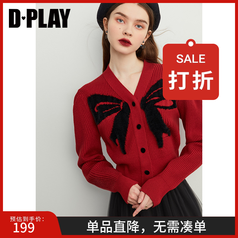 DPLAY针织衫蝴蝶结红色毛衣