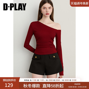长袖 红色t恤女洋气修身 独特露肩斜肩上衣 新款 DPLAY2025年秋季