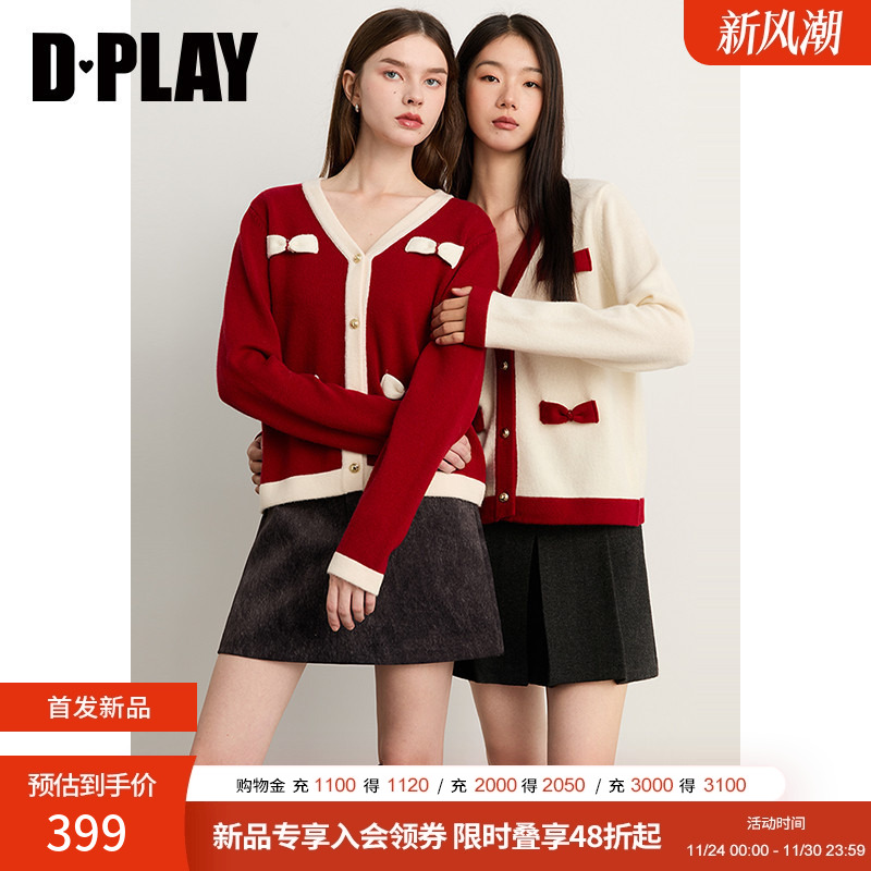 DPLAY2025年冬季新款白色针织衫女蝴蝶结100绵羊毛开衫上衣