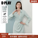 DPLAY2026春季 裙子短裙 裙长袖 新款 气质蓝色连衣裙女收腰缎面衬衫